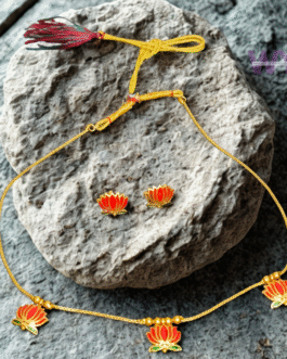 Orange Lotus Charm Necklace Set with Stud Earrings