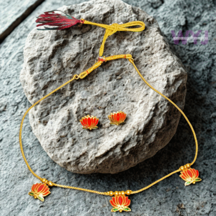 Orange Lotus Charm Necklace Set with Stud Earrings