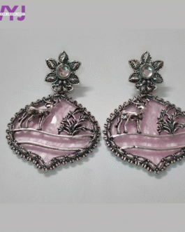 Oxidized Silver Deer Motif Earrings with Pink Stone Enamel