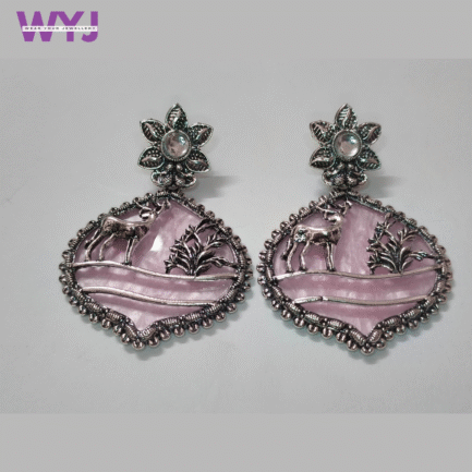 Oxidized Silver Deer Motif Earrings with Pink Stone Enamel