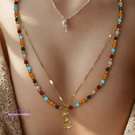 Multicolour Beaded Chain with Gold Bow Pendant - Image 2