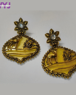Antique Gold Deer Motif Earrings with Yellow Enamel Finish