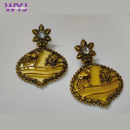 Antique Gold Deer Motif Earrings with Yellow Enamel Finish
