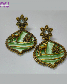 Vintage Green Deer Motif Earrings with Antique Gold Finish