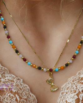 Multicolour Beaded Chain with Gold Bow Pendant