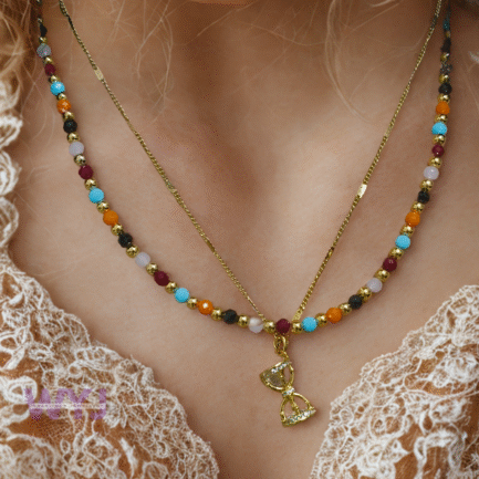 Multicolour Beaded Chain with Gold Bow Pendant