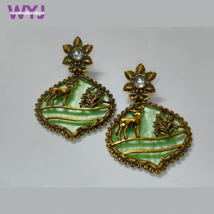 Vintage Green Deer Motif Earrings with Antique Gold Finish