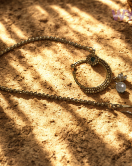 Antique Gold Beaded Nath with Pearl & Green Stone Detailing