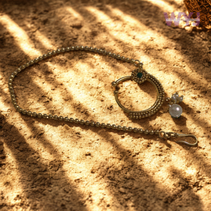 Antique Gold Beaded Nath with Pearl & Green Stone Detailing