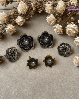 Oxidised Floral Stud Earring Combo with Pearls – Set of 3