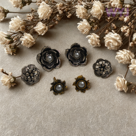 Oxidised Floral Stud Earring Combo with Pearls – Set of 3