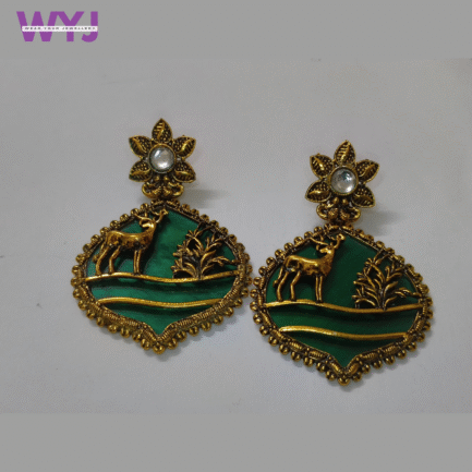 Royal Green Meenakari Deer Motif Earrings