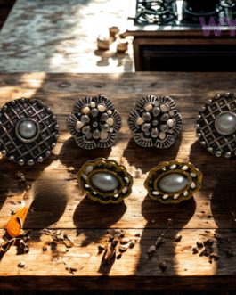 Oxidised Statement Stud Earrings – Set of 3 with Pearl & Enamel Detailing