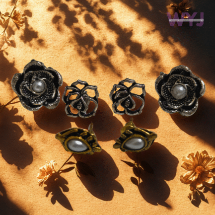 Oxidised Floral Stud Earring Combo – Set of 3 Pairs with Pearl Accents