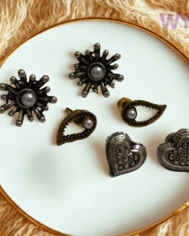 Quirky Oxidised Stud Earring Combo – Set of 3 Pairs (Sunburst, Heart & Drop Designs)
