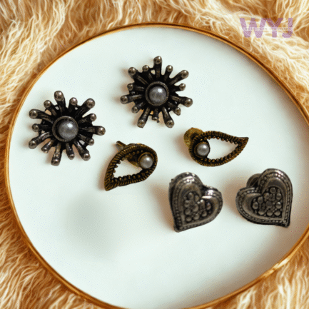 Quirky Oxidised Stud Earring Combo – Set of 3 Pairs (Sunburst, Heart & Drop Designs)