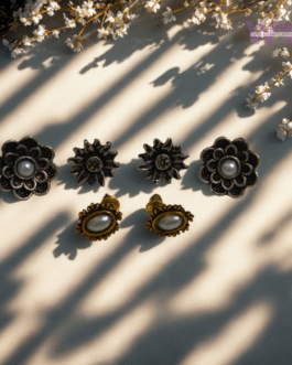 Elegant Oxidised Floral Stud Earring Combo – Set of 3 with Pearl Embellishments