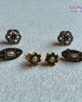 Oxidised Pearl Stud Earrings Combo – Set of 3 Elegant Floral & Leaf Designs