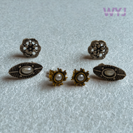Oxidised Pearl Stud Earrings Combo – Set of 3 Elegant Floral & Leaf Designs