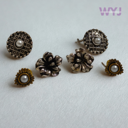 Classic Oxidised Floral Stud Earring Combo – Set of 3 with Pearl Centers