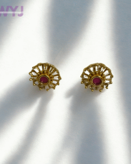 Antique Gold Floral Stud Earrings with Red Stone Center