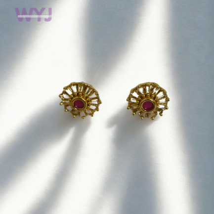 Antique Gold Floral Stud Earrings with Red Stone Center