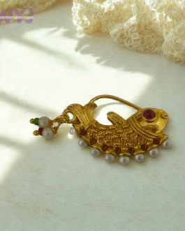 Antique Gold Fish Design Nath with Pearls – Clip-On Traditional Nose Ring