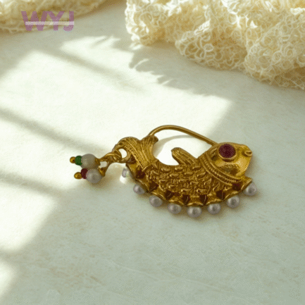 Antique Gold Fish Design Nath with Pearls – Clip-On Traditional Nose Ring