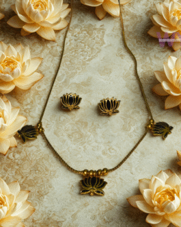 Black Lotus Charm Necklace Set with Stud Earrings