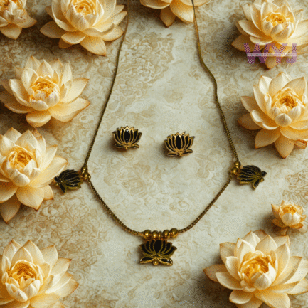 Black Lotus Charm Necklace Set with Stud Earrings