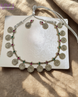 Oxidised Silver Temple Coin Necklace Set with Green & Pink Stone Accents