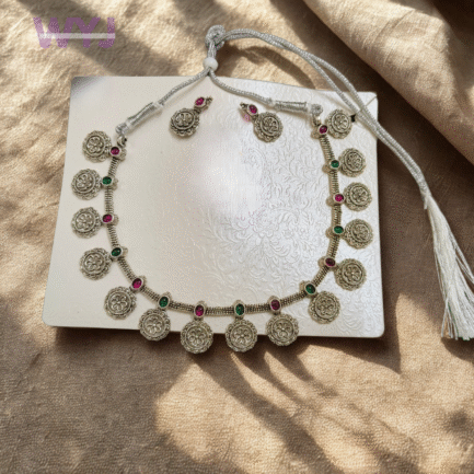 Oxidised Silver Temple Coin Necklace Set with Green & Pink Stone Accents