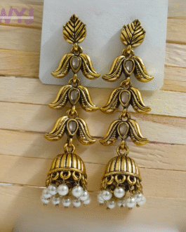 Antique Gold Triple Lotus Drop Jhumka Earrings