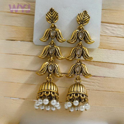 Antique Gold Triple Lotus Drop Jhumka Earrings