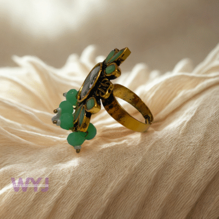 Square Antique Mirror Ring with Mint Green Beads - Image 2