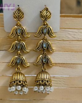 Antique Gold Lotus Jhumka Earrings with Pearl Drops
