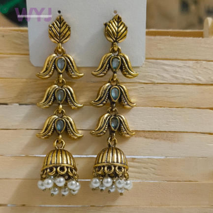 Antique Gold Lotus Jhumka Earrings with Pearl Drops