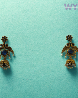 Antique Gold Temple Jhumka Earrings with Royal Blue Stone