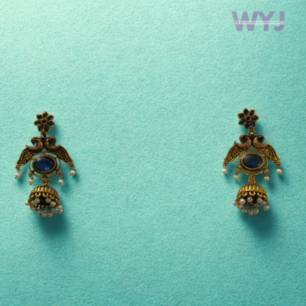 Antique Gold Temple Jhumka Earrings with Royal Blue Stone