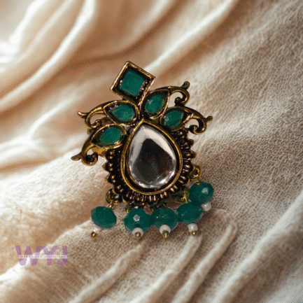 Emerald Green Kundan Drop Ring with Mirror Center - Image 2
