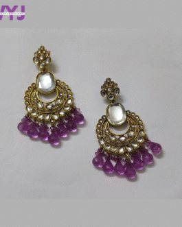 Royal Kundan Crescent Earrings with Purple Bead Drops