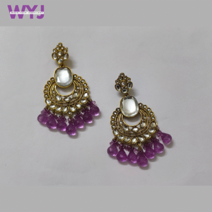 Royal Kundan Crescent Earrings with Purple Bead Drops