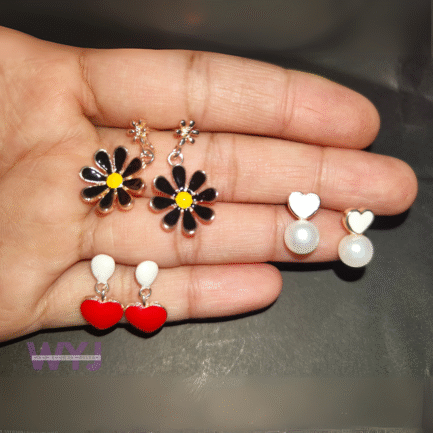 Whimsical Trio Earring Set – Floral, Heart & Pearl - Image 2