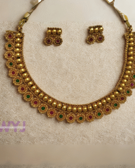 Antique Gold-Finish Traditional Necklace Set with Red & Green Stones