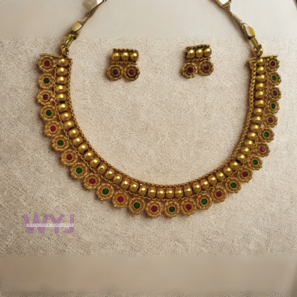 Antique Gold-Finish Traditional Necklace Set with Red & Green Stones