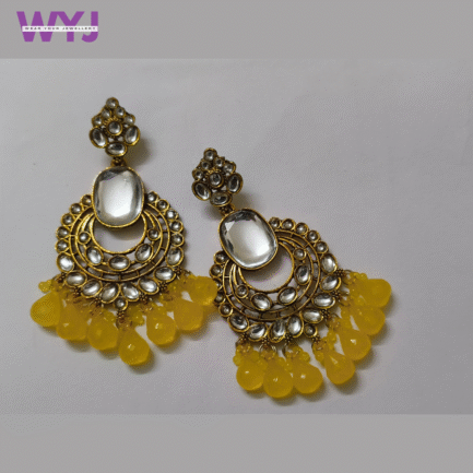 Sunshine Kundan Crescent Earrings with Yellow Bead Drops
