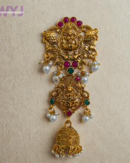 Temple Design Antique Juda Brooch with Lakshmi Motif & Pearl Jhumki