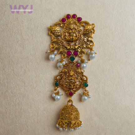 Temple Design Antique Juda Brooch with Lakshmi Motif & Pearl Jhumki