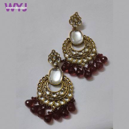 Regal Maroon Kundan Crescent Earrings with Crystal Mirror Accent