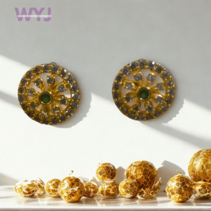 Golden Radiance Stud Earrings with Green Center